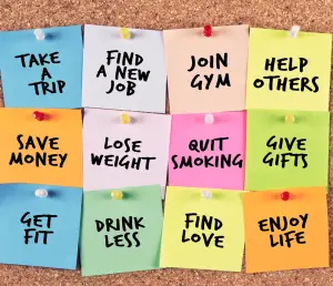 Colorful post-it notes with goals like lose weight, find love, and exercise more on a bulletin board suggesting that someone is considering New Year's Resolutions in London Ontario.